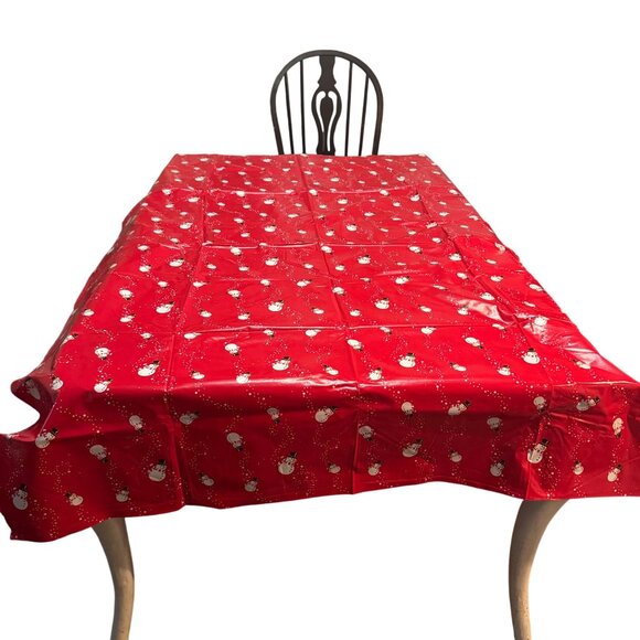 Holiday Christmas Snowman Tablecloth Vinyl Backed 96 X 68 Rectangle Red - Picture 1 of 6